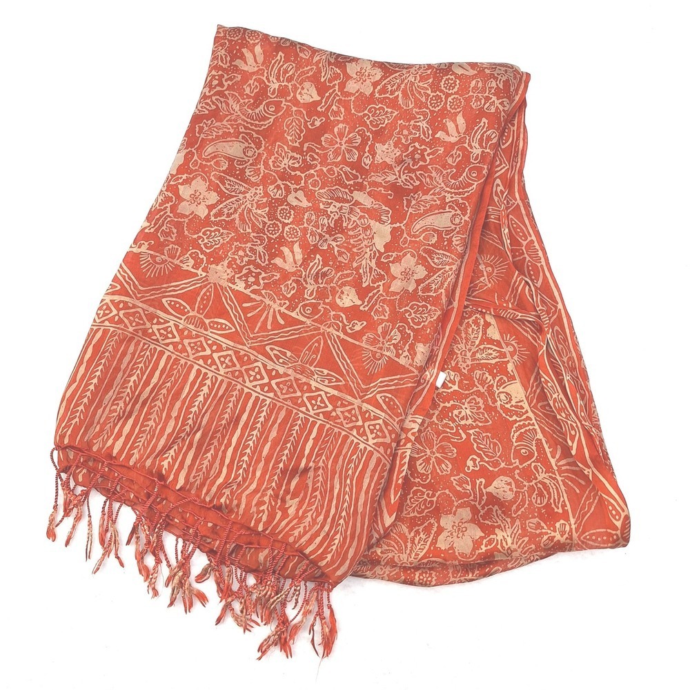 Love Shop‎ Scarf Womens One Size Orange Silk Batik Floral Paisley Fringe Wrap